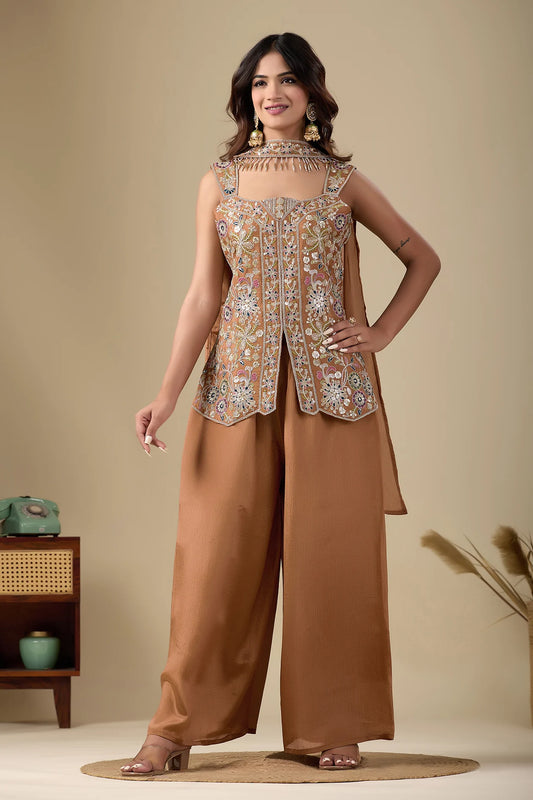 Women’s Rust Chinnon Kurta Set with Belt Dupatta
