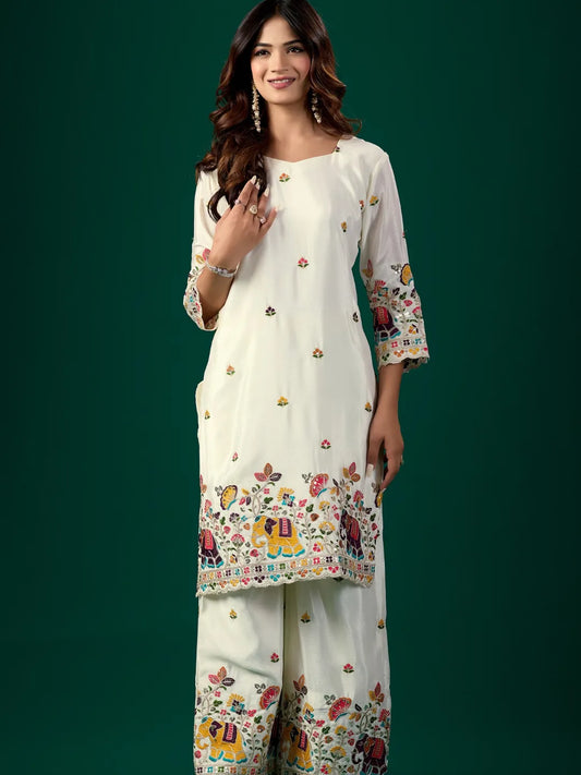 Women’s Off White Chinon Kurti Set