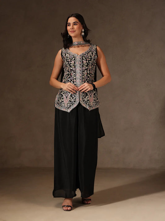 Women’s Black Chinnon Kurta Sharara Set with Dupatta