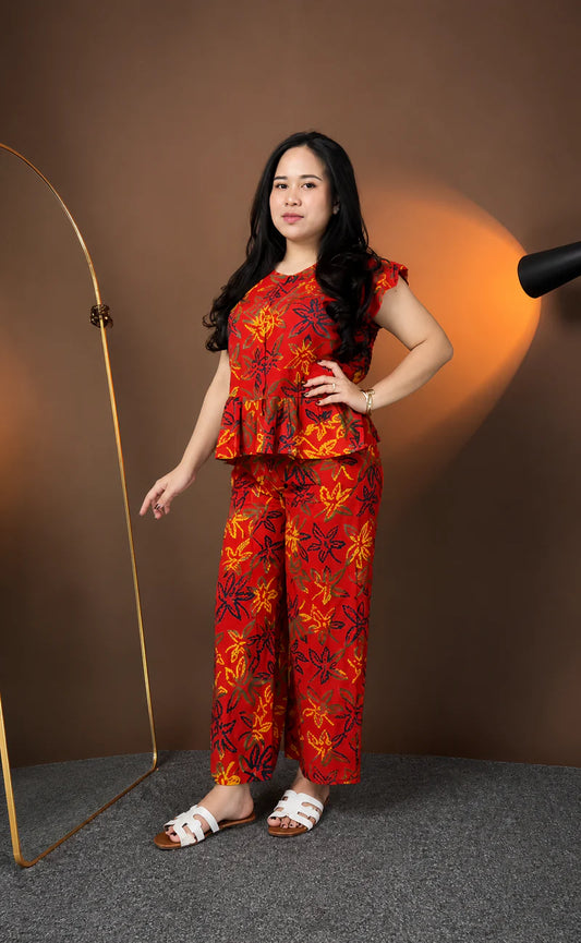 Red Floral Printed Rayon Co-Ord Set for Women