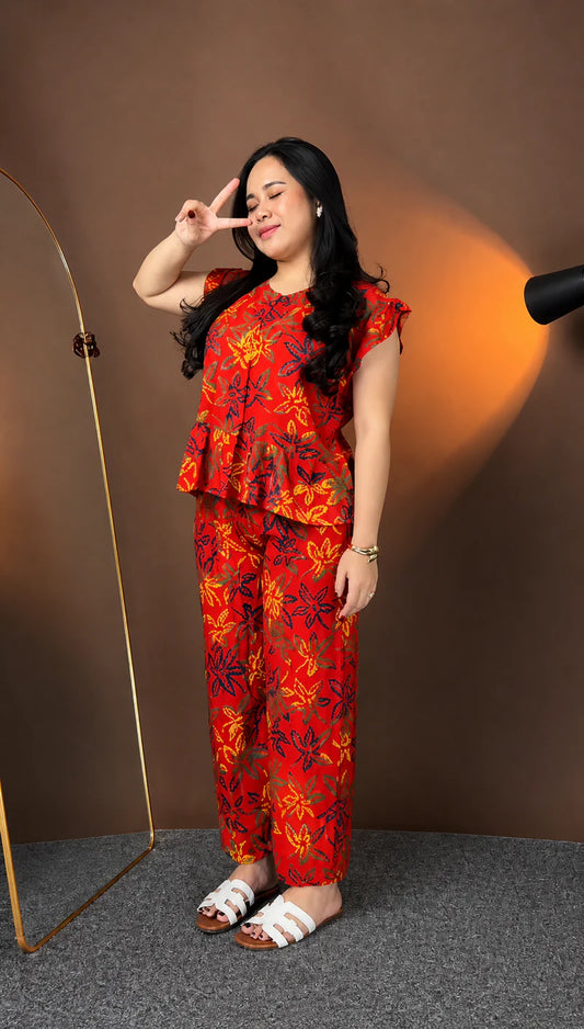 Red Floral Printed Rayon Co-Ord Set for Women