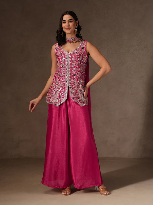 Women’s Pink Chinnon Kurta Sharara Set with Dupatta