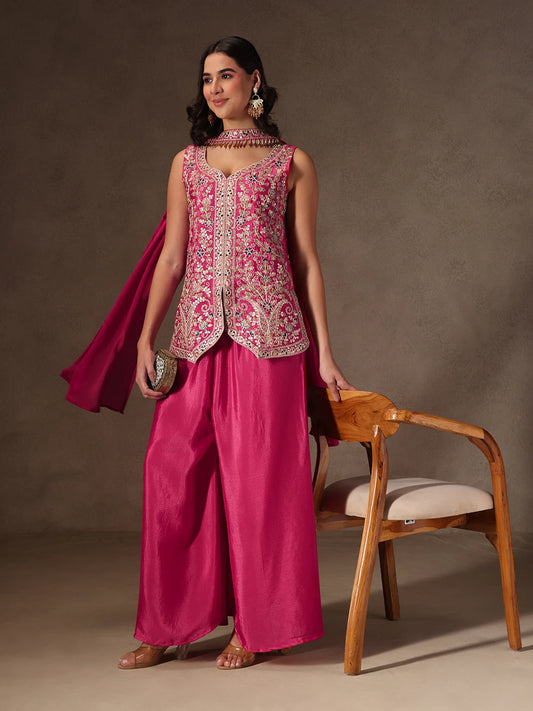 Women’s Pink Chinnon Kurta Sharara Set with Dupatta