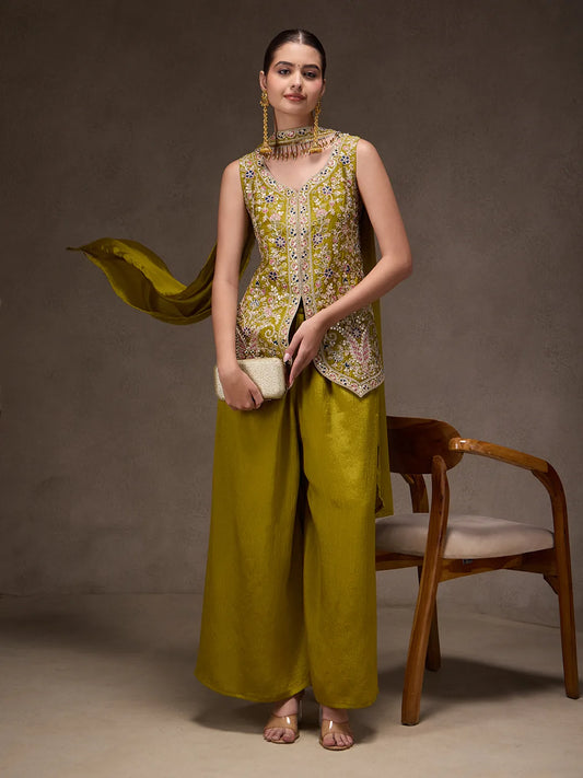 Women’s Olive Green Chinnon Kurta Sharara Set with Dupatta