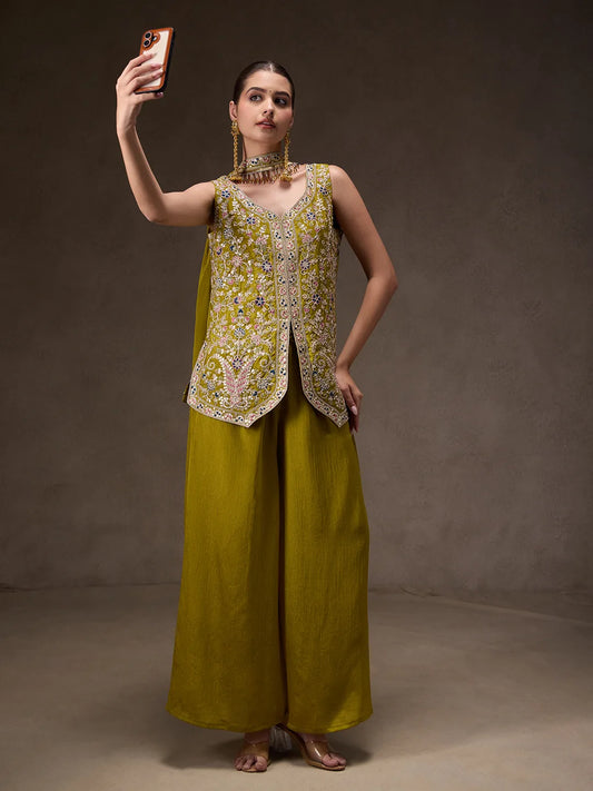 Women’s Olive Green Chinnon Kurta Sharara Set with Dupatta