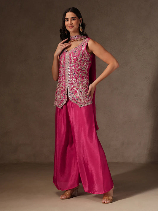 Women’s Pink Chinnon Kurta Sharara Set with Dupatta