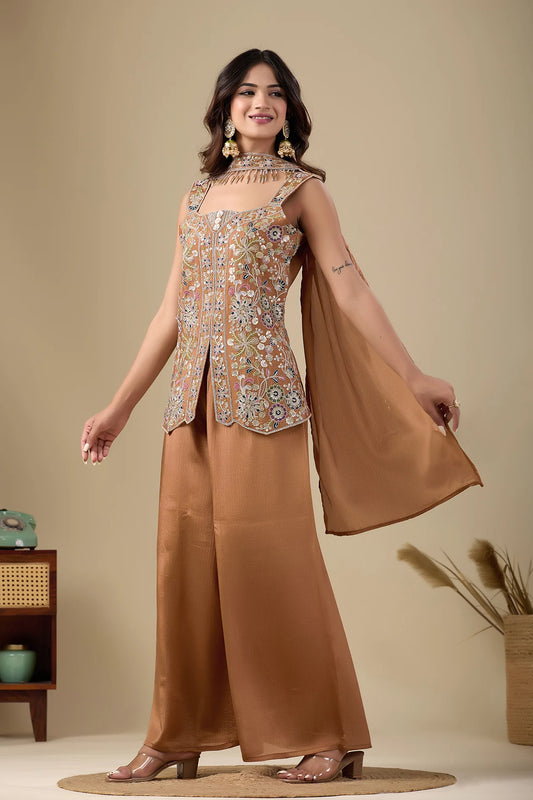 Women’s Rust Chinnon Kurta Set with Belt Dupatta